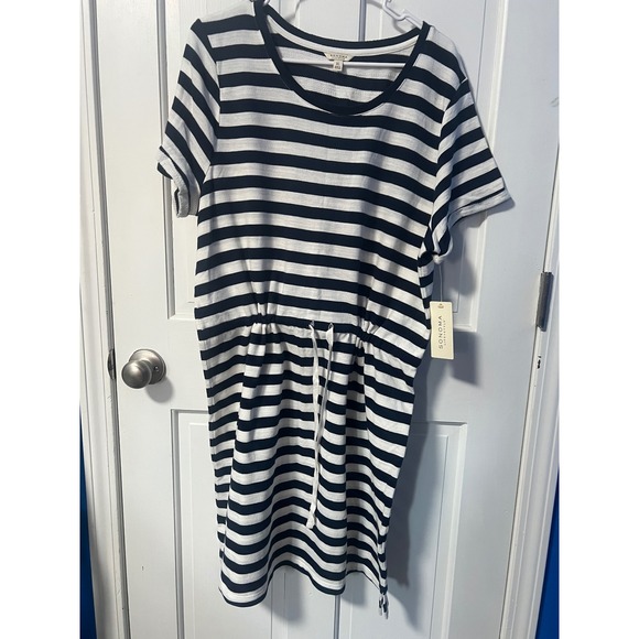 Sonoma Goods for Life Striped Maxi Dress Navy White Cotton Drawstring XL NEW - Picture 2 of 5